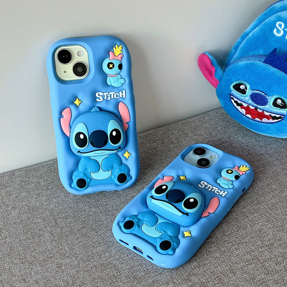 Cute 3D Cartoon Lilo Stitch Bracket Phone Case for iPhone 17 Air/16 Plus/15/14 β Soft Silicone Stand Holder Cover
