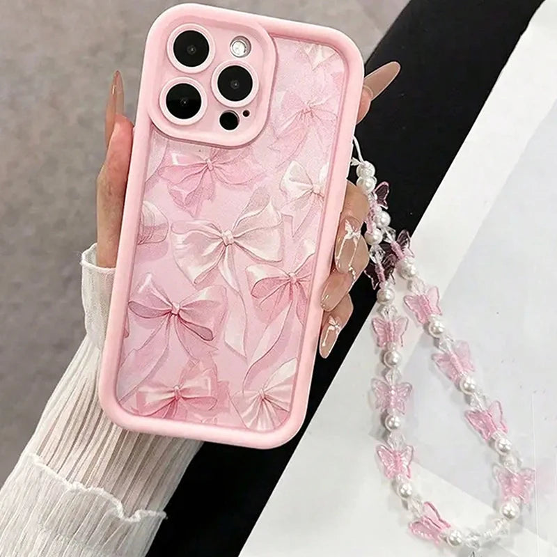 Pink Bow Pattern Silicone Phone Case for iPhone 17/16 Pro Max/15/14/13 β Cute Butterfly Charm Cover