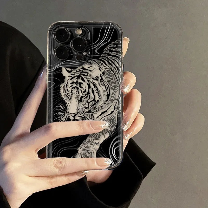 Hollow Tiger & Dragon iPhone Case – Transparent Shockproof Cover for iPhone 16 / 15 / 14 / 13 / 12 / 11 Pro Max / Mini