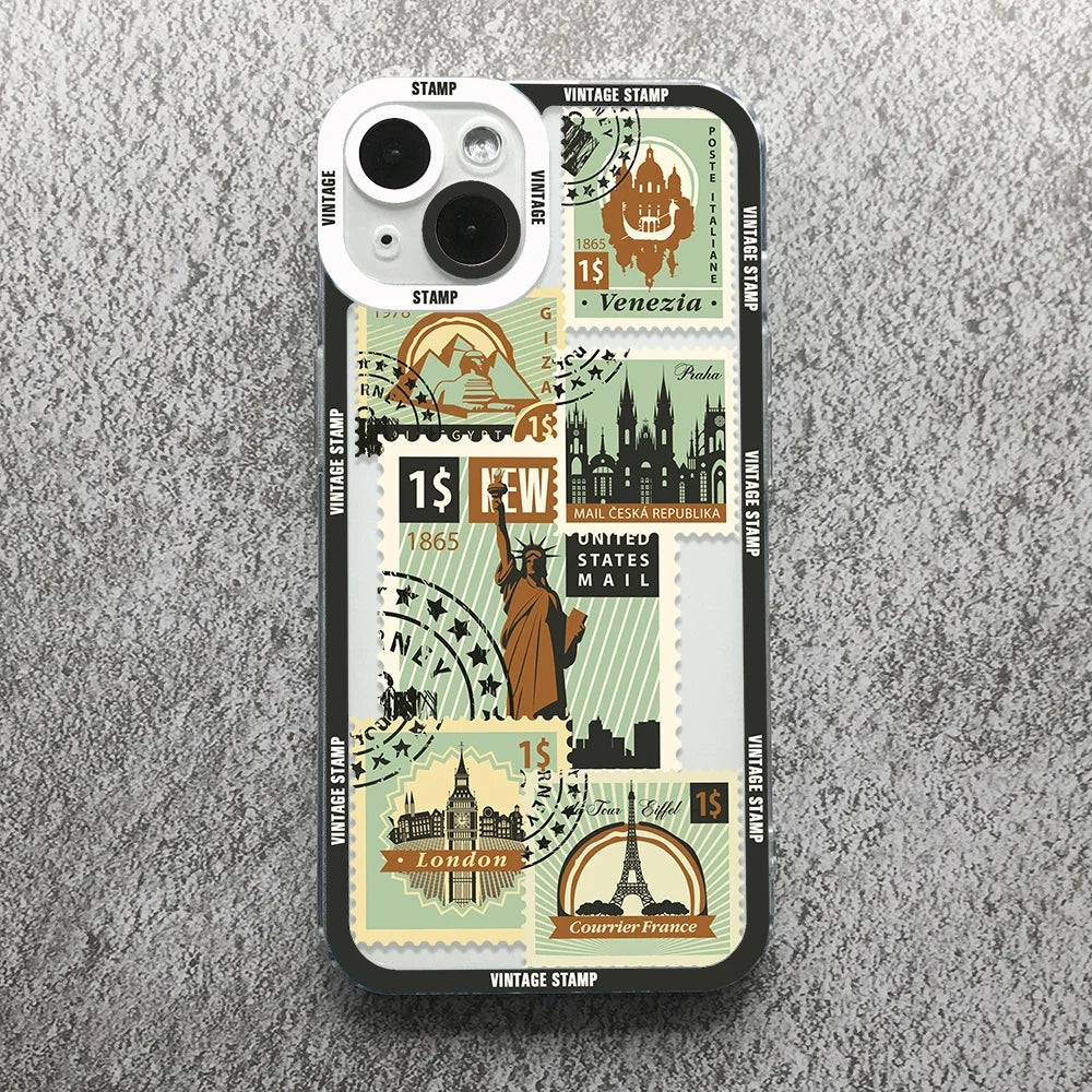 Vintage Stamp Puzzle Phone Case for iPhone 16/15/14/13 β Shockproof Silicone Cover Fundas.