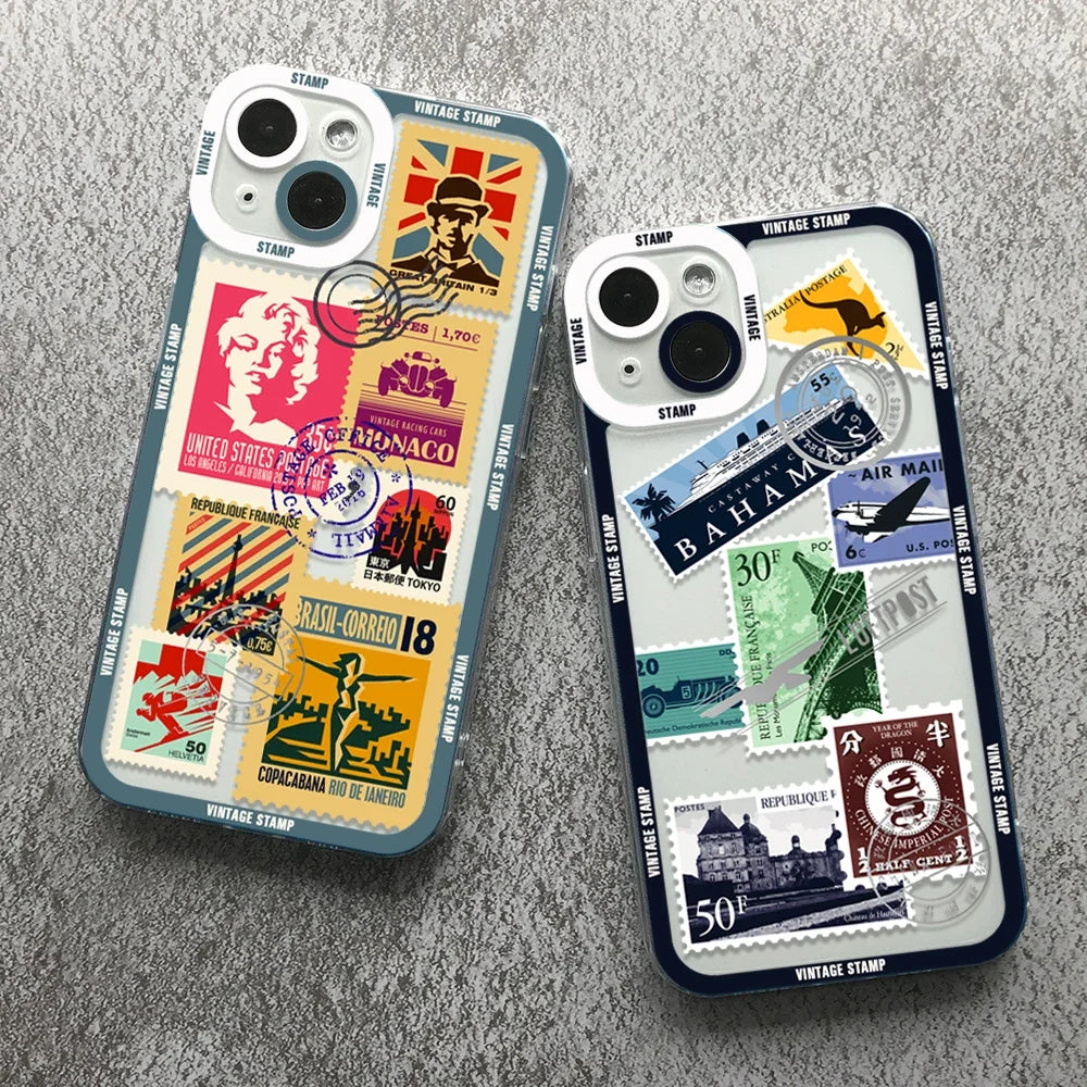 Vintage Stamp Puzzle Phone Case for iPhone 16/15/14/13 – Shockproof Silicone Cover Fundas.
