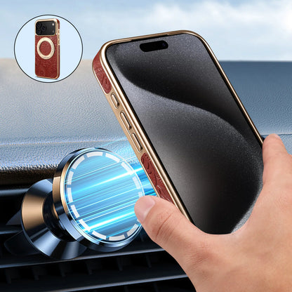 Electroplate Tang Flower Cowhide Leather Phone Case – For iPhone 17 Pro Max / 17 Air / 16 / 15 / 14 / 13 Pro – Magnetic Gear Stand Cover