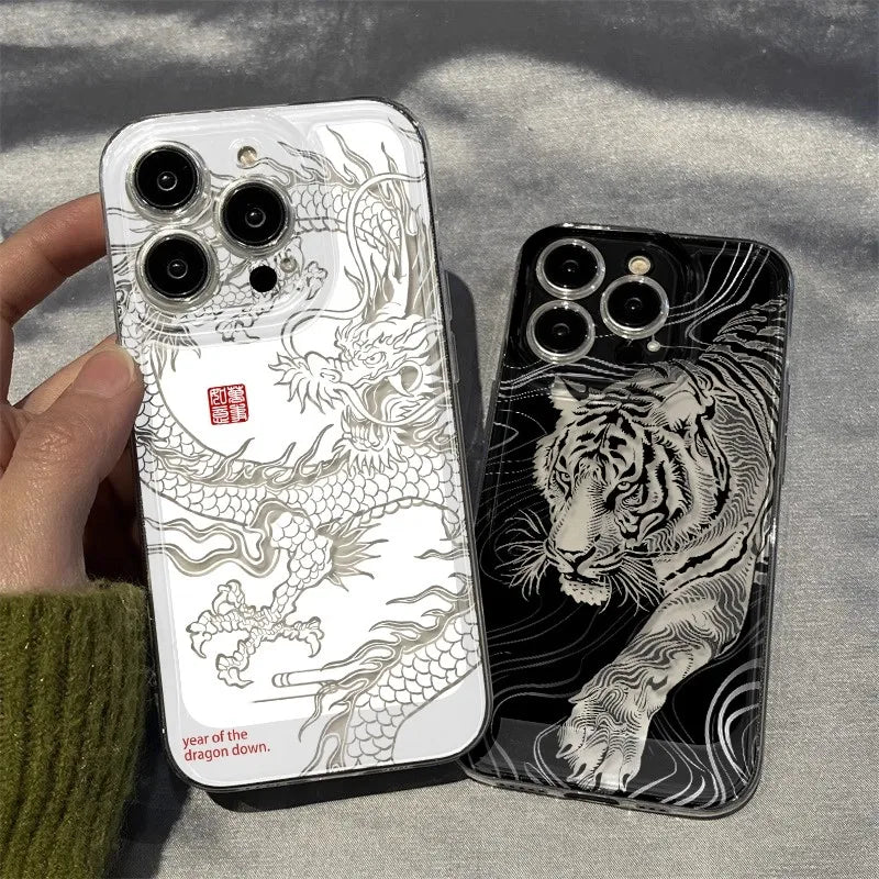 Hollow Tiger & Dragon iPhone Case – Transparent Shockproof Cover for iPhone 16 / 15 / 14 / 13 / 12 / 11 Pro Max / Mini