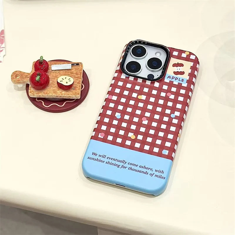 Korean Red Plaid Magnetic Phone Case – For iPhone 17 Pro / 16 Pro Max / 15 / 14 / 13 – MagSafe Stand & Holder Kawaii Case