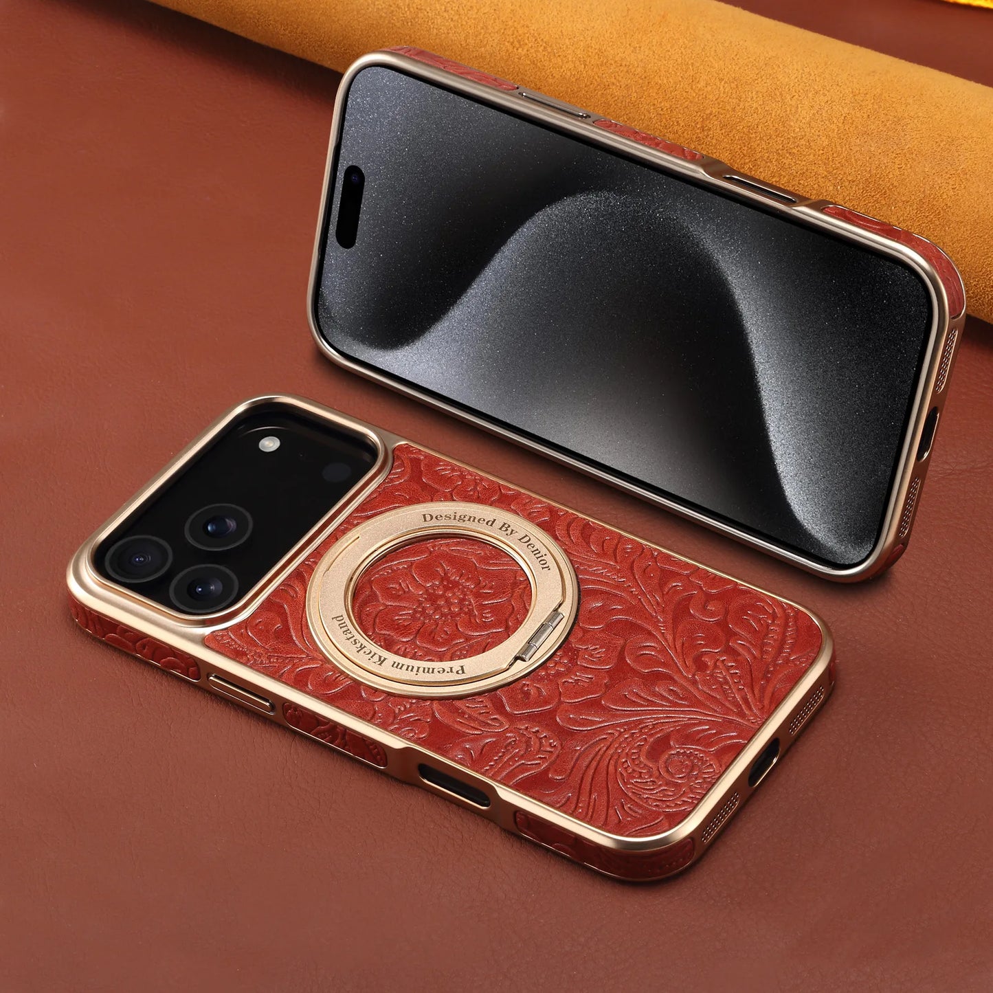 Electroplate Tang Flower Cowhide Leather Phone Case – For iPhone 17 Pro Max / 17 Air / 16 / 15 / 14 / 13 Pro – Magnetic Gear Stand Cover