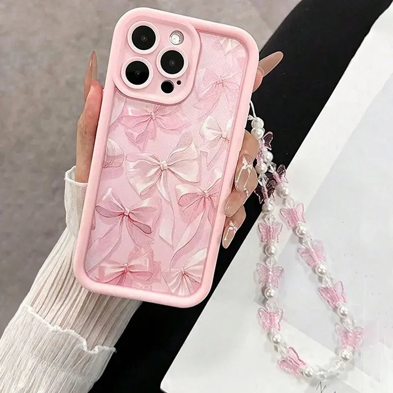 Pink Bow Pattern Silicone Phone Case for iPhone 17/16 Pro Max/15/14/13 – Cute Butterfly Charm Cover
