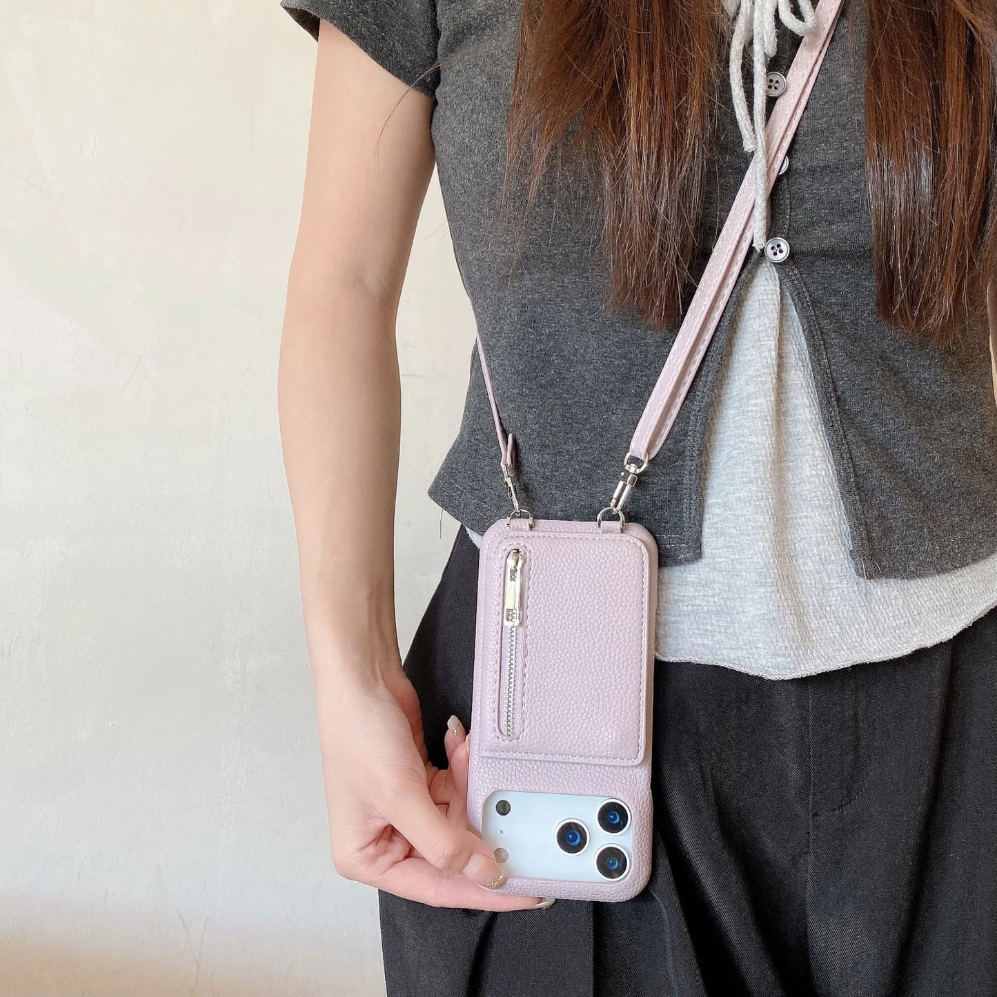 Crossbody Lanyard Phone Case with Zipper Mirror Wallet & Card Holder – Compatible with iPhone 17 / 16 / 15 / 14 / 13 Pro Max / Plus