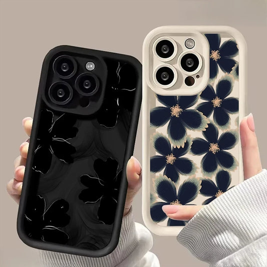 Black Rose Floral Painted Silicone Phone Case – Shockproof Softshell for iPhone 16 / 16E / 15 / 14 Pro Max / 16 Plus