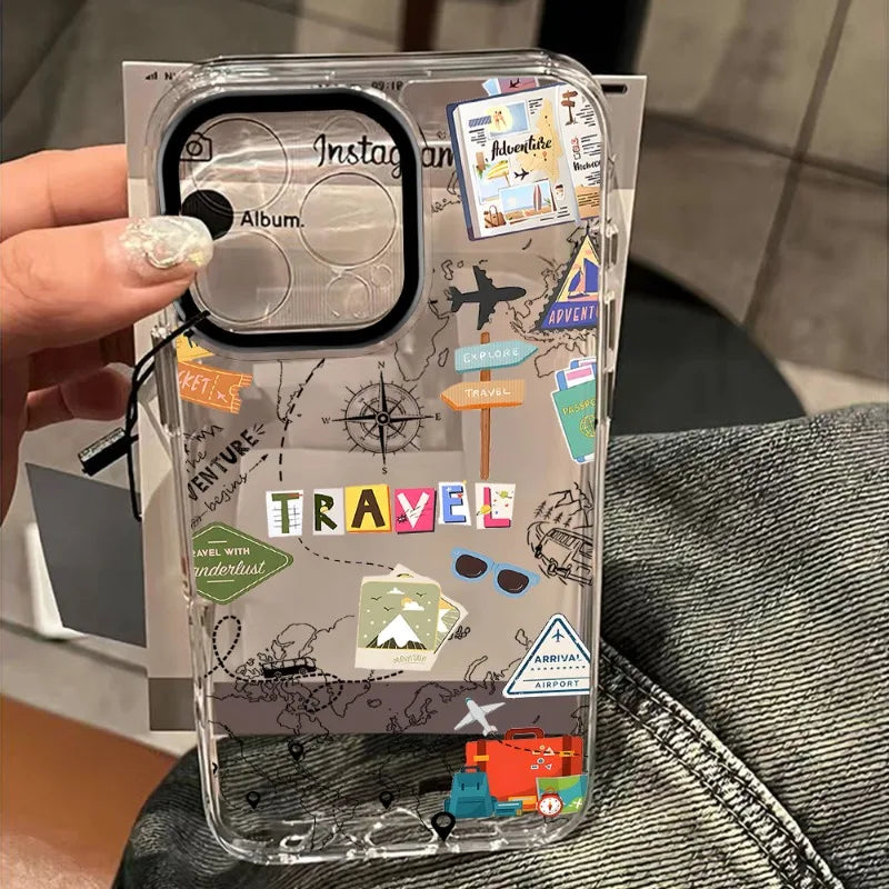 Airplane Bus Travel Route Phone Case for iPhone 16/15/14 – Shockproof Transparent Cover