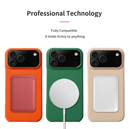 MagSafe Leather Case for iPhone 17 Pro Max/17 Air/16/15 – Luxury Lychee Natural Cowhide Magnetic Back Cover
