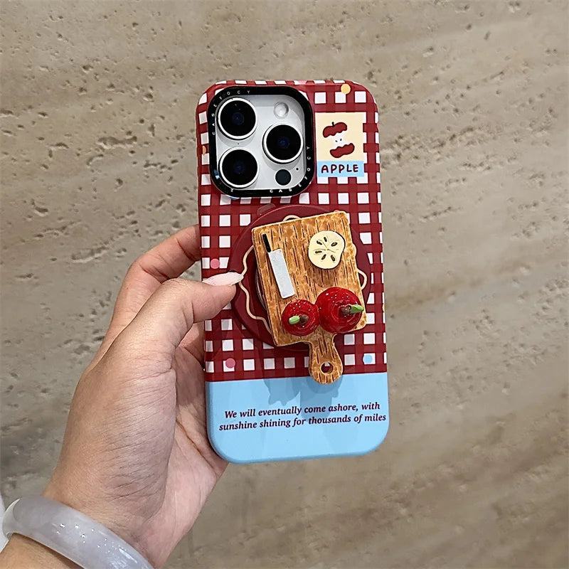 Korean Red Plaid Magnetic Phone Case – For iPhone 17 Pro / 16 Pro Max / 15 / 14 / 13 – MagSafe Stand & Holder Kawaii Case