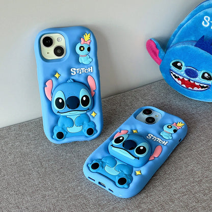 Cute 3D Cartoon Lilo Stitch Bracket Phone Case for iPhone 17 Air/16 Plus/15/14 – Soft Silicone Stand Holder Cover