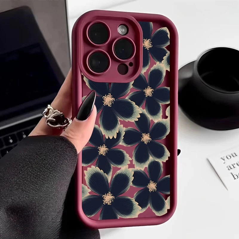 Black Rose Floral Painted Silicone Phone Case – Shockproof Softshell for iPhone 16 / 16E / 15 / 14 Pro Max / 16 Plus