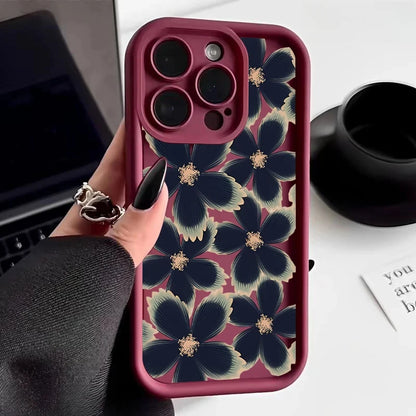 Black Rose Floral Painted Silicone Phone Case – Shockproof Softshell for iPhone 16 / 16E / 15 / 14 Pro Max / 16 Plus