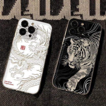 Hollow Tiger & Dragon iPhone Case – Transparent Shockproof Cover for iPhone 16 / 15 / 14 / 13 / 12 / 11 Pro Max / Mini