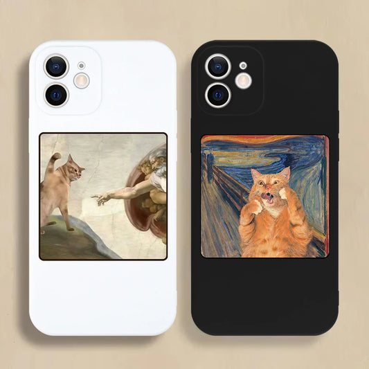 Famous Painting Cat Phone Case for iPhone 16/15/14/13/16E – Shockproof Non-Slip Soft Cover