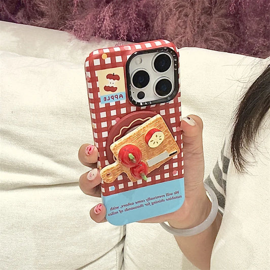 Korean Red Plaid Magnetic Phone Case – For iPhone 17 Pro / 16 Pro Max / 15 / 14 / 13 – MagSafe Stand & Holder Kawaii Case