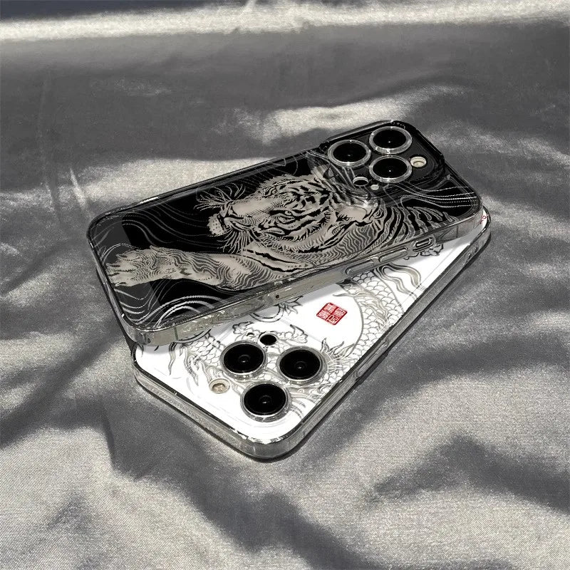 Hollow Tiger & Dragon iPhone Case – Transparent Shockproof Cover for iPhone 16 / 15 / 14 / 13 / 12 / 11 Pro Max / Mini