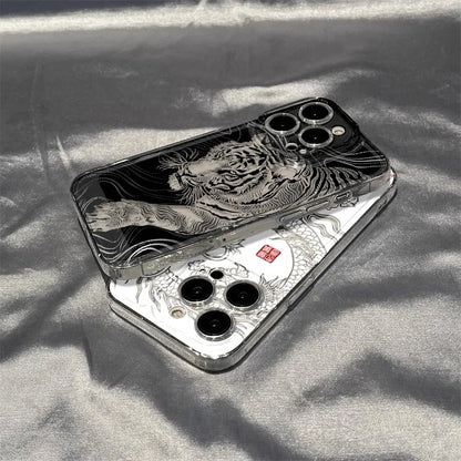 Hollow Tiger & Dragon iPhone Case – Transparent Shockproof Cover for iPhone 16 / 15 / 14 / 13 / 12 / 11 Pro Max / Mini