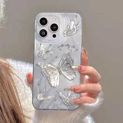 Luxury Laser Silver Butterfly Phone Case for iPhone 17/16/15/14/13 Pro Max – Stylish Shockproof Cover