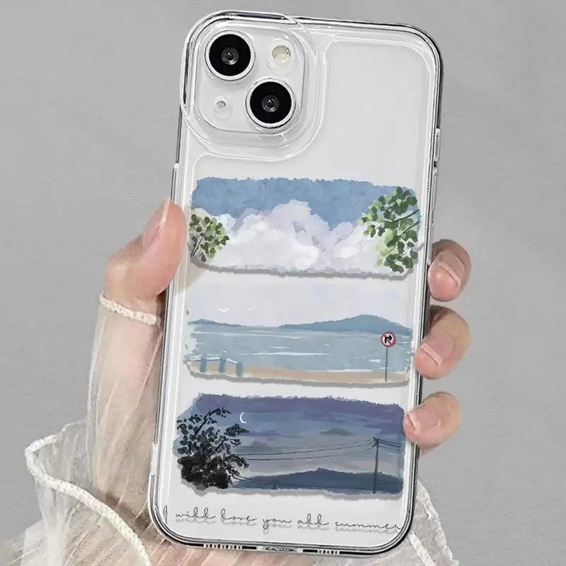 Summer Oil Painting Pattern Phone Case for iPhone 16/15/14/13 Pro Max Mini – Shockproof Protective Cover Fundas