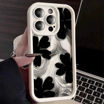 Black Rose Floral Painted Silicone Phone Case – Shockproof Softshell for iPhone 16 / 16E / 15 / 14 Pro Max / 16 Plus
