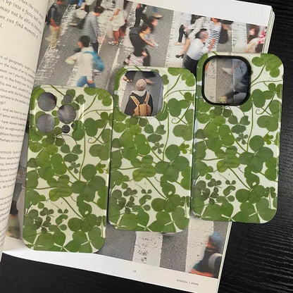 INS Korean Fresh Green Clover iPhone Case – Acrylic Protective Cover for iPhone 17 / 16 Pro Max / 15 / 14 Plus / 13 / 12 / 11 / Max / Mini