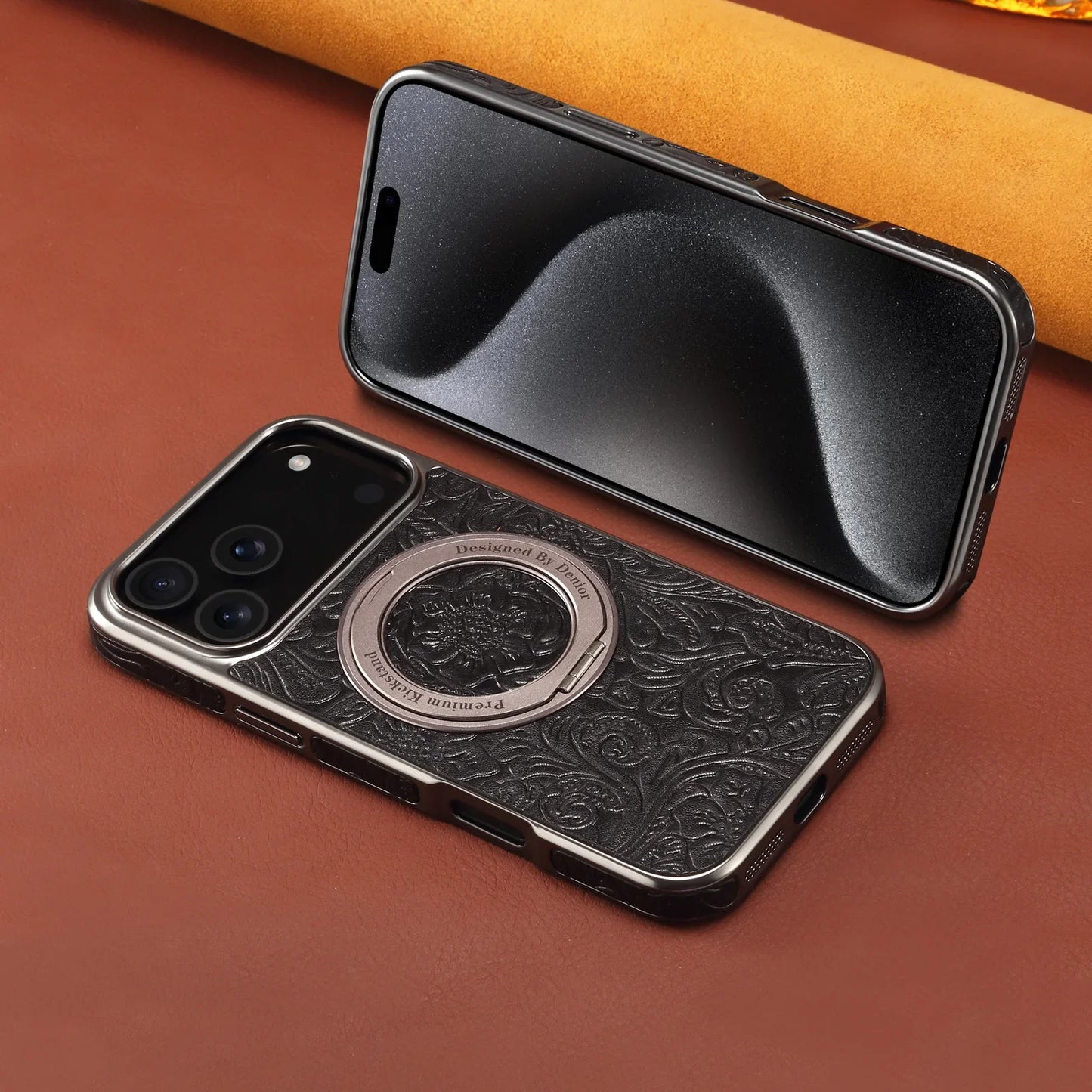 Electroplate Tang Flower Cowhide Leather Phone Case – For iPhone 17 Pro Max / 17 Air / 16 / 15 / 14 / 13 Pro – Magnetic Gear Stand Cover