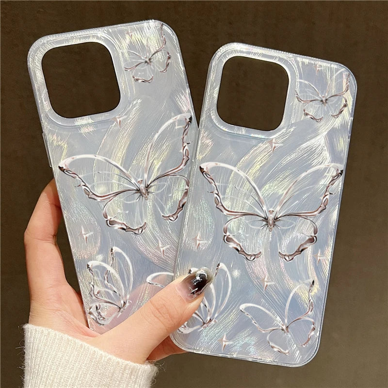 Luxury Laser Silver Butterfly Phone Case for iPhone 17/16/15/14/13 Pro Max – Stylish Shockproof Cover