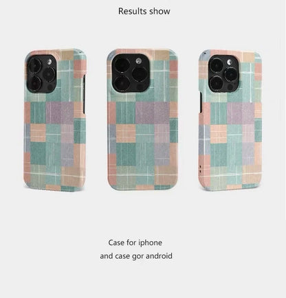 Mint Green Orange Patchwork Grid Case – iPhone 17 Air / 16E / 15 Pro Max / 14 Plus / 13 / 12 Mini / 11 / 16 Plus