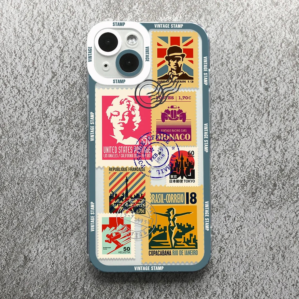 Vintage Stamp Puzzle Phone Case for iPhone 16/15/14/13 – Shockproof Silicone Cover Fundas.
