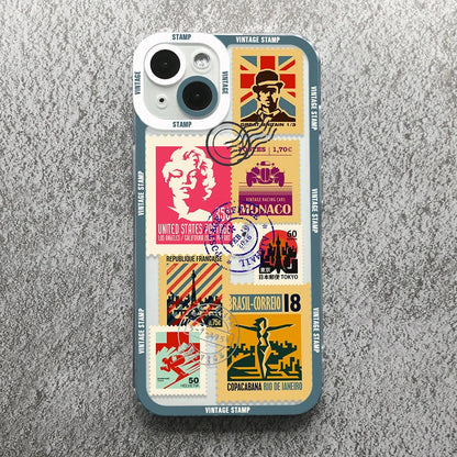 Vintage Stamp Puzzle Phone Case for iPhone 16/15/14/13 – Shockproof Silicone Cover Fundas.