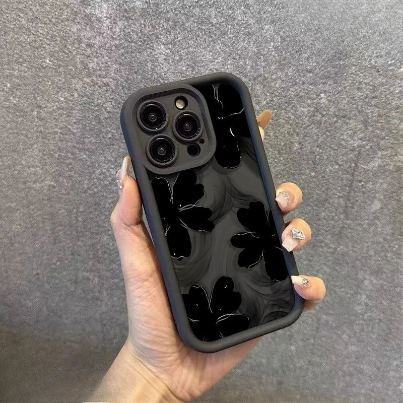 Black Rose Floral Painted Silicone Phone Case – Shockproof Softshell for iPhone 16 / 16E / 15 / 14 Pro Max / 16 Plus