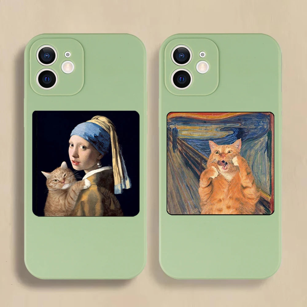 Famous Painting Cat Phone Case for iPhone 16/15/14/13/16E – Shockproof Non-Slip Soft Cover