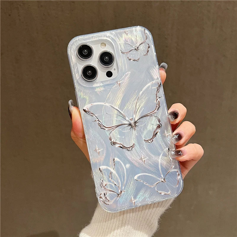 Luxury Laser Silver Butterfly Phone Case for iPhone 17/16/15/14/13 Pro Max – Stylish Shockproof Cover