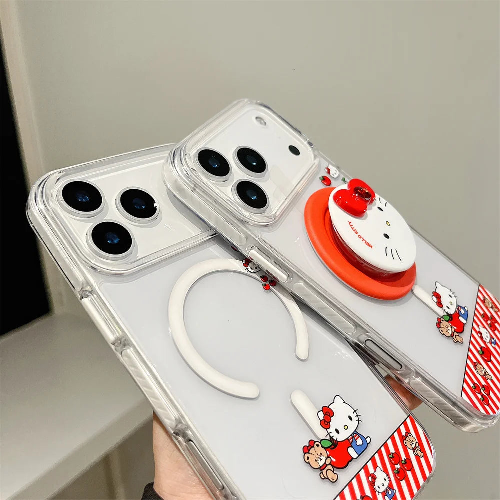Hello Kitty Magnetic Stand Transparent MagSafe Case – Compatible with iPhone 17 / 16 / 15 / 14 / 13 Pro Max, Wireless Charging Protective Cover