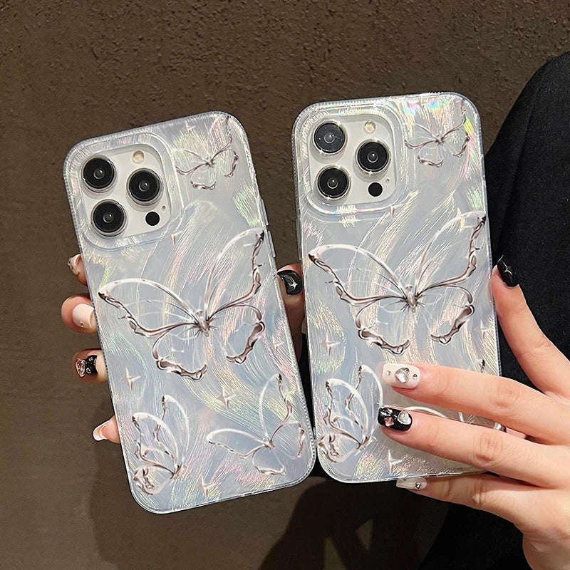 Luxury Laser Silver Butterfly Phone Case for iPhone 17/16/15/14/13 Pro Max – Stylish Shockproof Cover