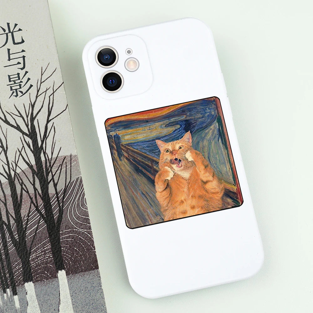 Famous Painting Cat Phone Case for iPhone 16/15/14/13/16E – Shockproof Non-Slip Soft Cover