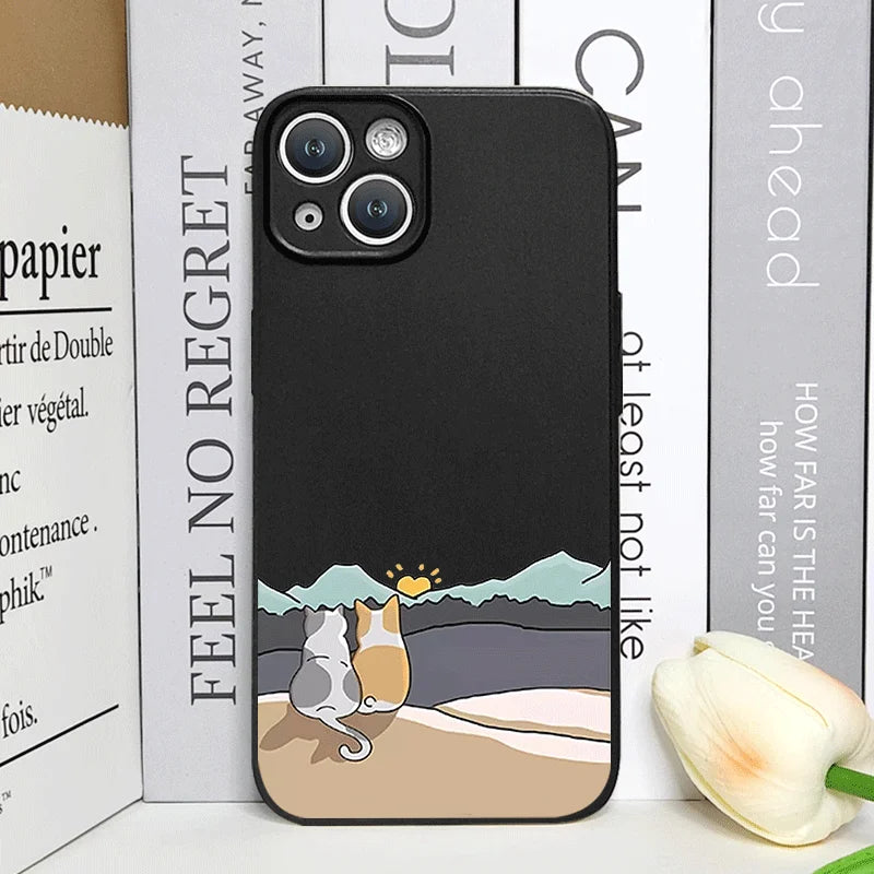 Cartoon Cat & Dog Couple Phone Case – Shockproof Non-Slip Cover for iPhone 16 / 15 / 14 Pro Max / Mini / Plus / 16E