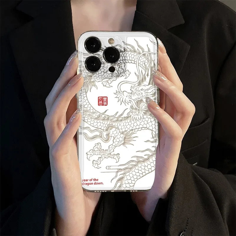 Hollow Tiger & Dragon iPhone Case – Transparent Shockproof Cover for iPhone 16 / 15 / 14 / 13 / 12 / 11 Pro Max / Mini