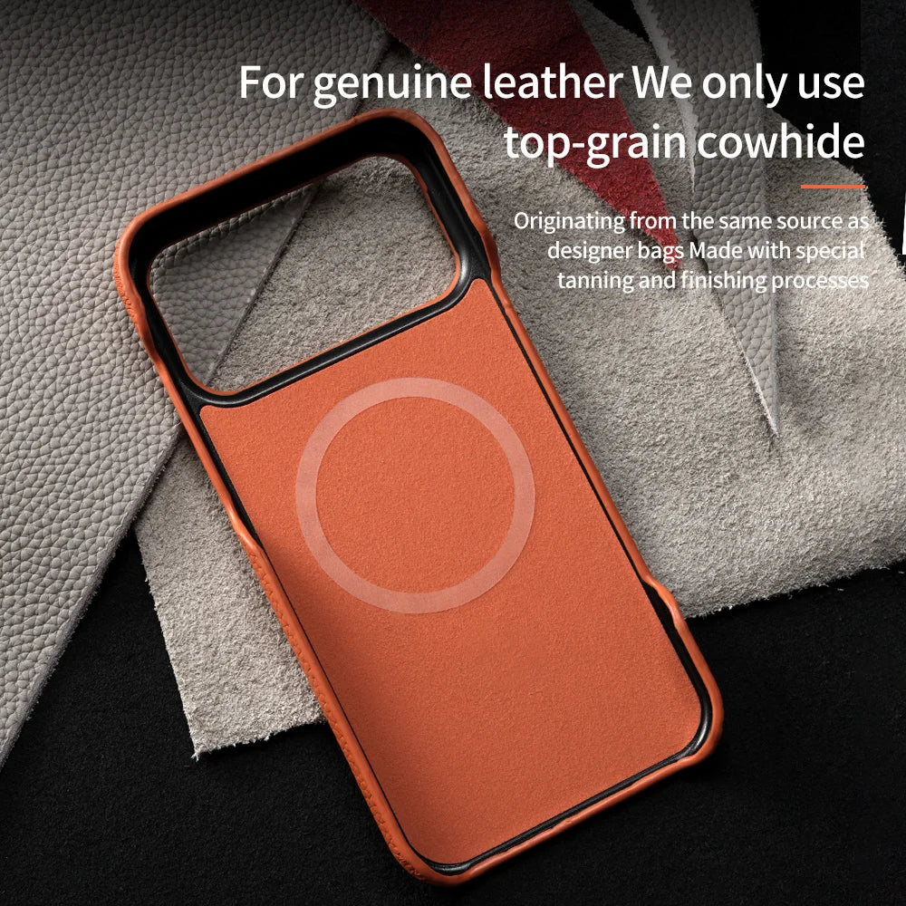 MagSafe Leather Case for iPhone 17 Pro Max/17 Air/16/15 – Luxury Lychee Natural Cowhide Magnetic Back Cover