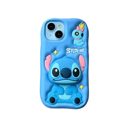 Cute 3D Cartoon Lilo Stitch Bracket Phone Case for iPhone 17 Air/16 Plus/15/14 – Soft Silicone Stand Holder Cover