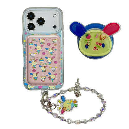 Cute Flower Rabbit Magnetic Stand Case – For iPhone 17 Pro / 16 / 15 / 14 Pro Max – MagSafe Card Holder with Chain