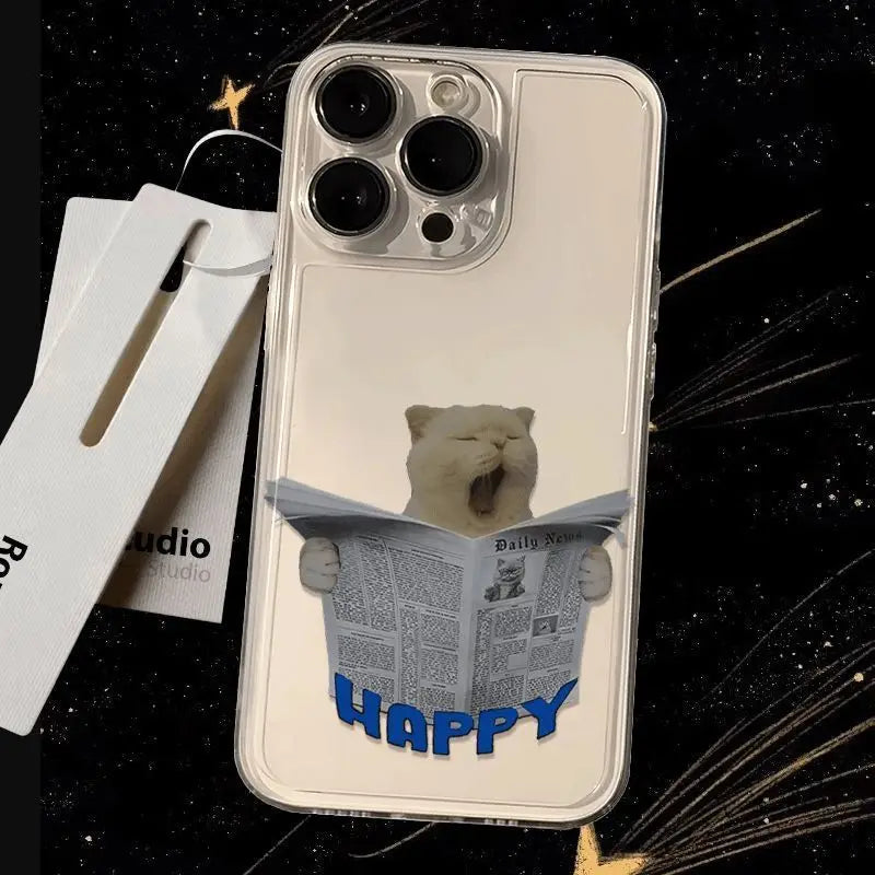 Funny Yawning Newspaper Cat Clear Phone Case for iPhone 16/15/14 Pro Max 16E – Soft Silica Protective Cover