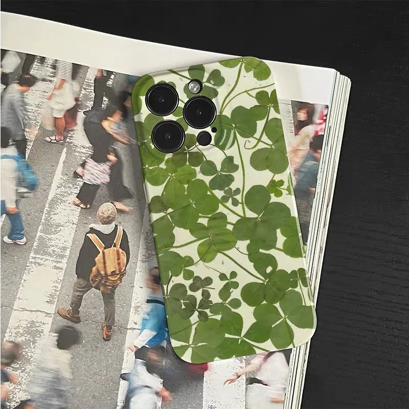 INS Korean Fresh Green Clover iPhone Case – Acrylic Protective Cover for iPhone 17 / 16 Pro Max / 15 / 14 Plus / 13 / 12 / 11 / Max / Mini