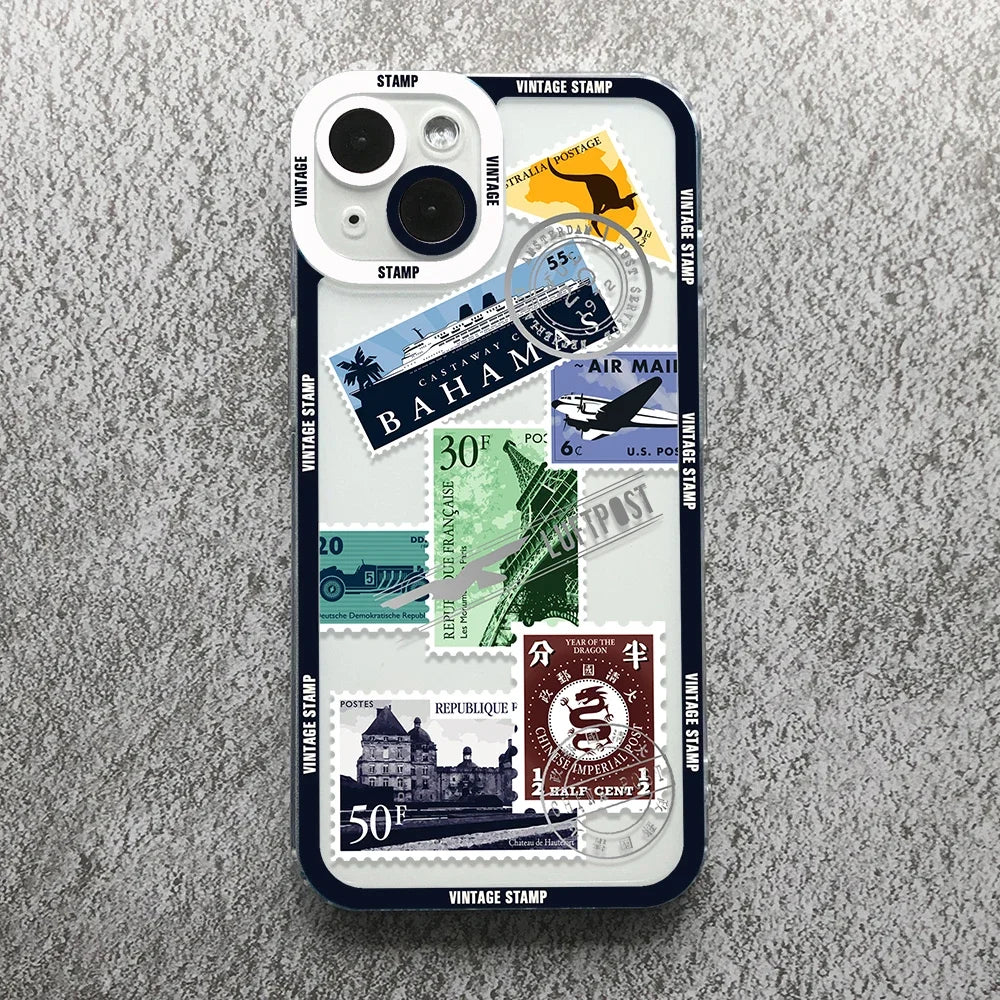 Vintage Stamp Puzzle Phone Case for iPhone 16/15/14/13 – Shockproof Silicone Cover Fundas.