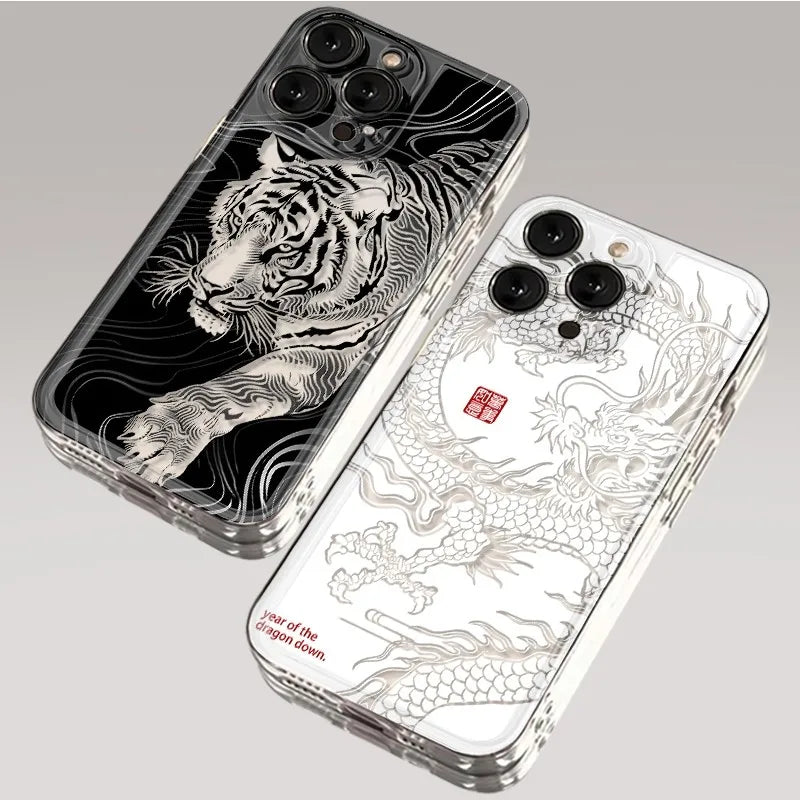 Hollow Tiger & Dragon iPhone Case – Transparent Shockproof Cover for iPhone 16 / 15 / 14 / 13 / 12 / 11 Pro Max / Mini
