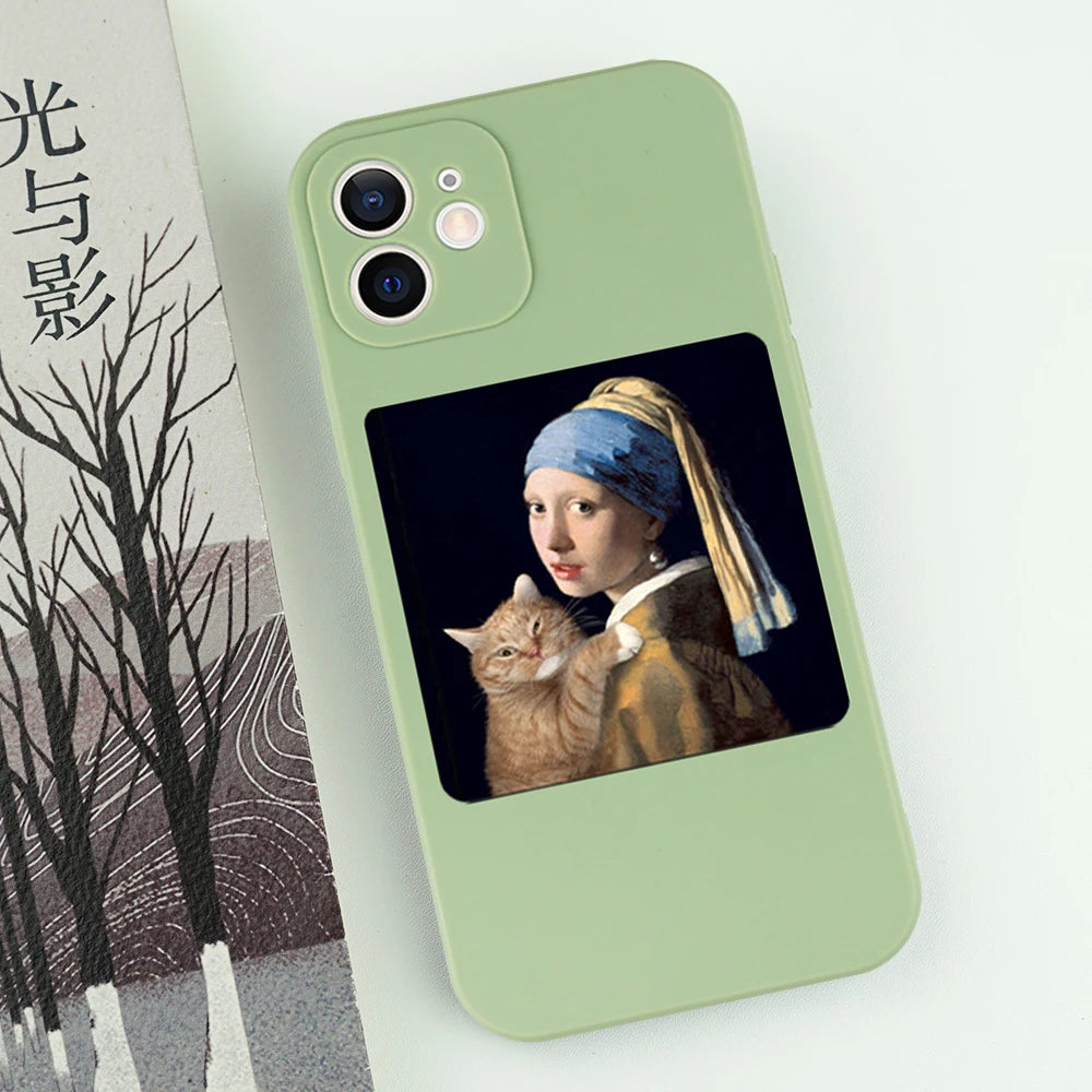 Famous Painting Cat Phone Case for iPhone 16/15/14/13/16E – Shockproof Non-Slip Soft Cover
