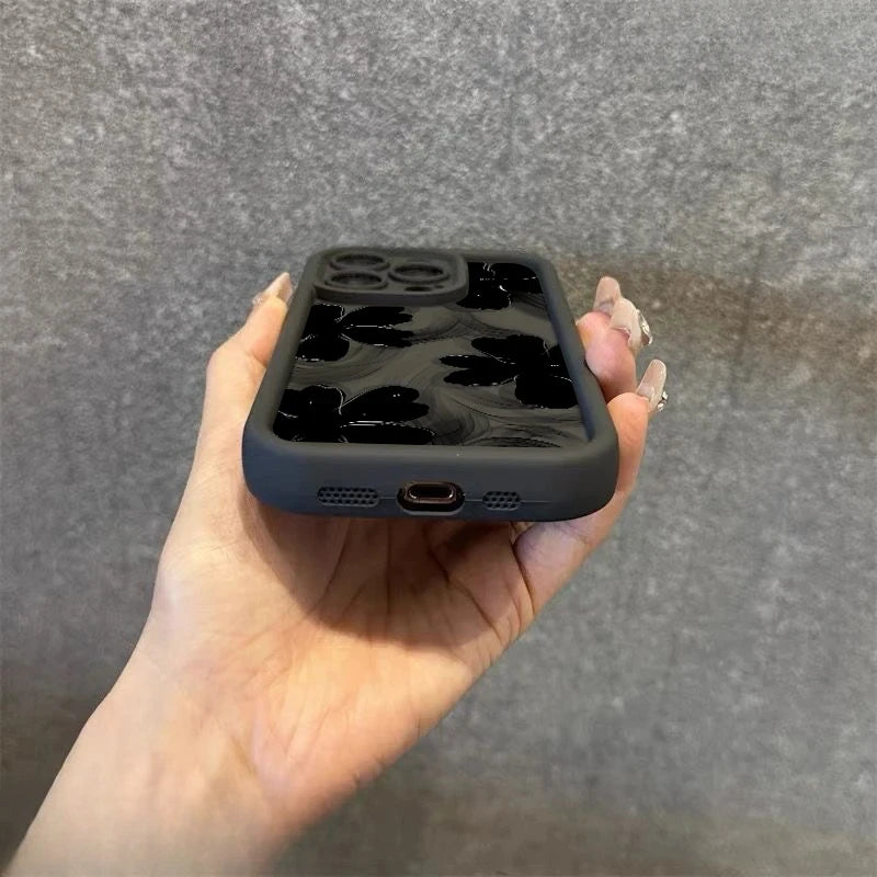 Black Rose Floral Painted Silicone Phone Case – Shockproof Softshell for iPhone 16 / 16E / 15 / 14 Pro Max / 16 Plus