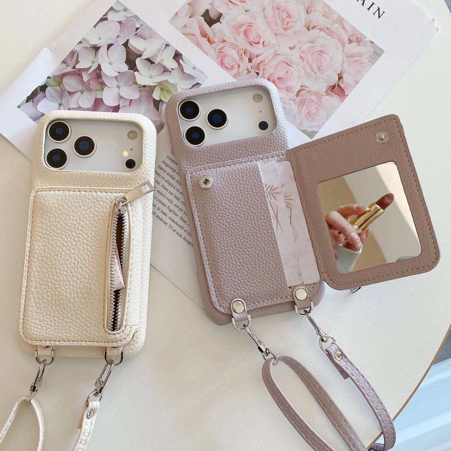 Crossbody Lanyard Phone Case with Zipper Mirror Wallet & Card Holder – Compatible with iPhone 17 / 16 / 15 / 14 / 13 Pro Max / Plus